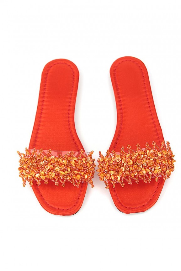 Coral Orange Parlak Saten El Yapımı Doğal Taş Kadın Terlik