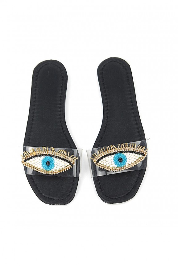 Eye Bead Siyah Parlak Saten El Yapımı Doğal Taş Kadın Terlik
