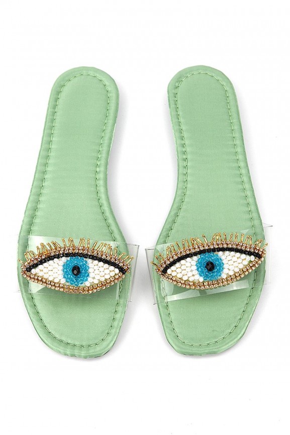 Eye Bead Mint Parlak Saten El Yapımı Doğal Taş Kadın Terlik